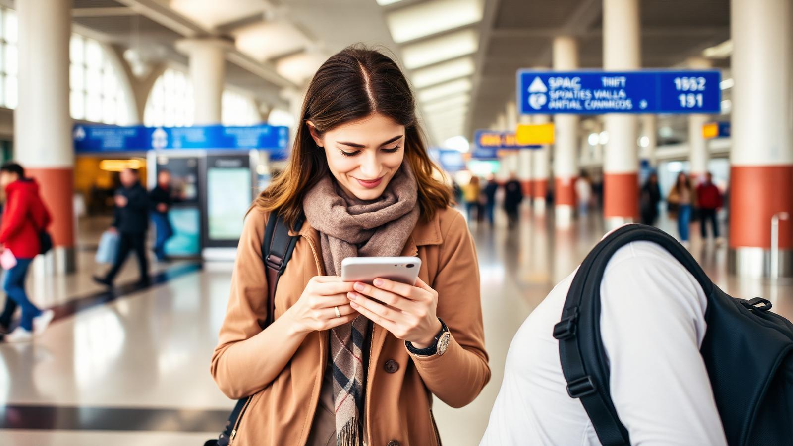Viajera junto a su equipaje en el aeropuerto, mirando su smartphone